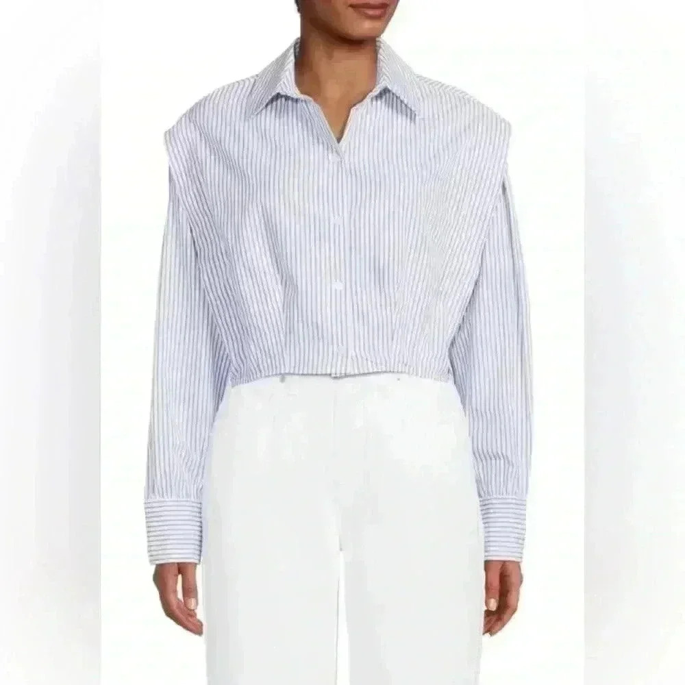 Clover Long-Sleeve Striped Poplin Cropped Shirt size M